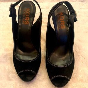 Michael Kors open toe black wedge sling back shoes.